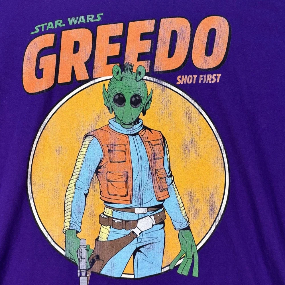Star‎ Wars Greedo Shot First Purple Graphic T-Shirt Men's Sz L Retro Style